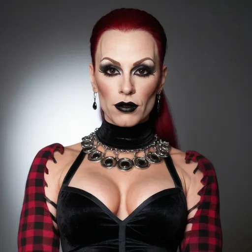 Prompt: a gorgeous muscular 35-year-old Finnish drag queen bodybuilder, mirror behind her. wearing a black goth velvet blouse, and short pleated plaid skirt and black tights. wearing a choker. Dark eye shadow, heavy mascara, dark red lipstick. very attractive. high detail realistic. full body shot, professional photo. Studio lighting, backlit, realistic lighting. hdr uhd 8k ultra-realistic render,  very high detail skin, beautiful face,