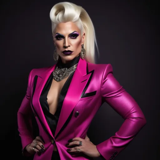 Prompt:  (A gorgeous muscular 35-year-old Macedonian drag queen (masculine jawline and brow features) with dark eyeshadow, 
dark lipstick,  and platinum blonde hair wearing a magenta Versace), fierce pose, dramatic (red and black color palette), high-fashion editorial style, luxurious fabric textures, sleek and chic outfit details, vivid presence, modern ambiance, strong emotional intensity, cinematic lighting, backdrop of elegant high-fashion runway, (ultra-detailed, 4K).