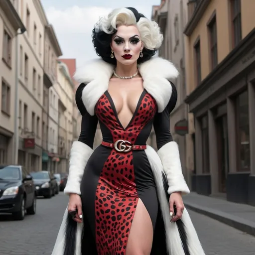 Prompt: A hyper realistic, gorgeous, ultra-muscular 25-year-old Czechian drag queen bodybuilder dressed as Cruella in Gucci dress, very detailed and accurated 64k quality HD 3D outfit