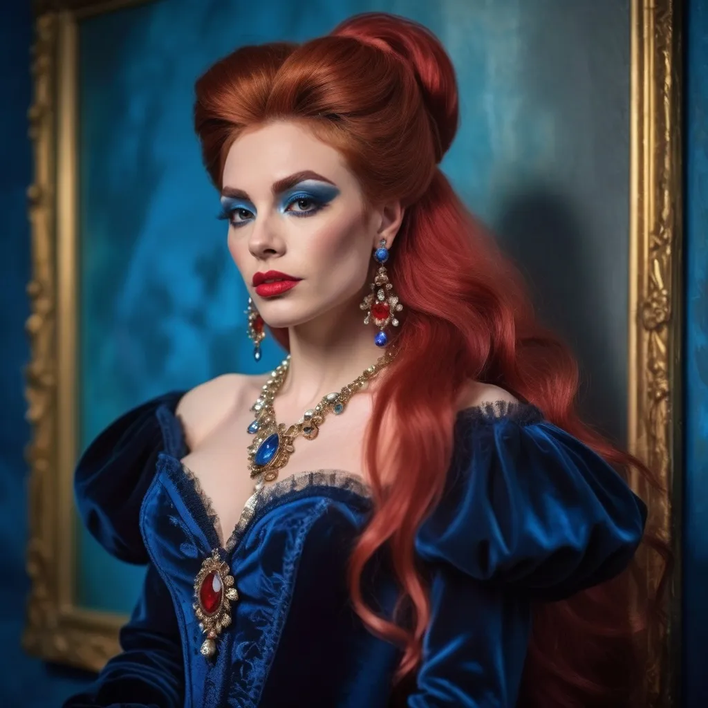 Prompt: a French drag queen (with strong masculine jawline and brow facial features) with long red hair wearing blue velvet dress and earrings, posing for a picture with a blue background, Elina Karimova, rococo, elegance,  photorealistic