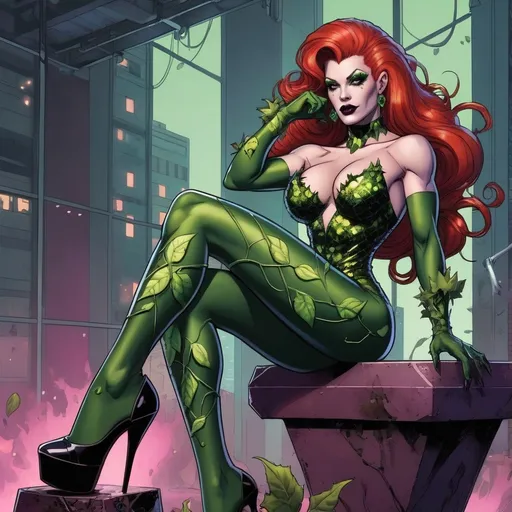 Prompt: Gorgeous muscular cyberpunk drag queen (DC Comics') Poison Ivy, great legs, crystal high heels,  dark lipstick.