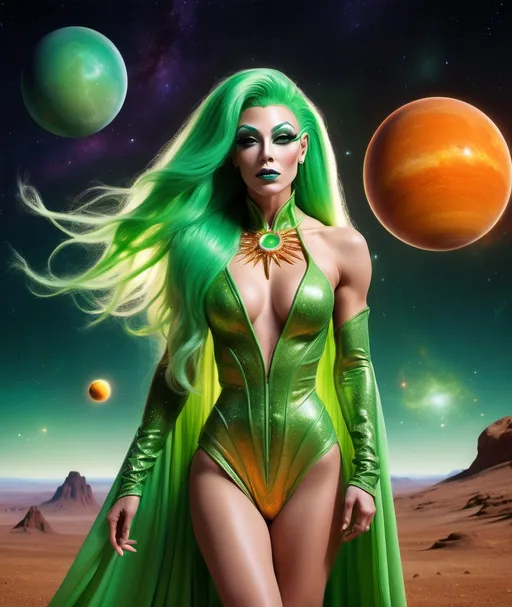 Prompt: Gorgeous ultra-muscular 25 year old orange skinned alien drag queen goddess with ridiculously long flowing green hair (((blowing in the wind))), muscular physique, celestial robes and 8 inch stiletto high heel boots looking out toward a fantastical celestial landscape