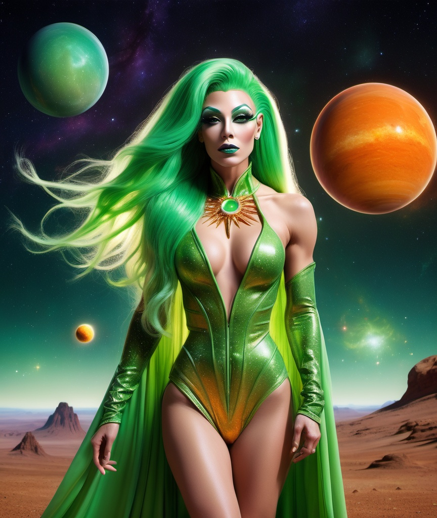 Prompt: Gorgeous ultra-muscular 25 year old orange skinned alien drag queen goddess with ridiculously long flowing green hair (((blowing in the wind))), muscular physique, celestial robes and 8 inch stiletto high heel boots looking out toward a fantastical celestial landscape