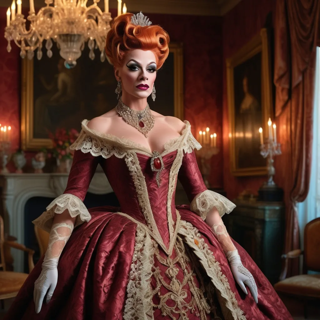 Prompt: (elegant 1600s gorgeous muscular British drag queen (masculine jawline and brow features)), historically accurate gown, adorned with intricate lace, lavish sparkling jewelry, (soft warm lighting), standing in a beautifully designed parlor, rich color tones, opulent decor, (highly detailed textures), saturated hues, atmospheric elegance, inviting ambiance, (4K ultra-detailed), artistry that captures the essence of wealth and sophistication.