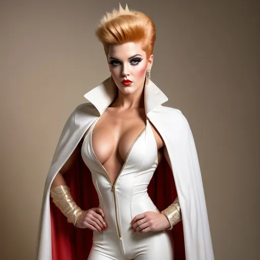 Prompt: Elvis presley dressed up as a Gorgeous ultra-muscular 25-year-old Czechian drag queen bodybuilder with very short spiky strawberry-blonde hair, regal tabbard, ivory white, with armor sewn into the fabric. Cascading cape, draping from the shoulder lapel. 8 inch stiletto high heel knee-high boots. Cottage core aesthetic. Intricate rose gold detailing.