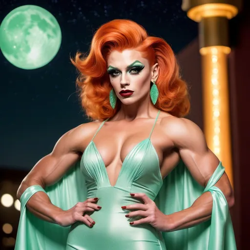 Prompt: James Cagnet dressed up as a Gorgeous ultra-muscular 25-year-old Czechian drag queen bodybuilder with short spiked swept Orange hair wearing a mint green flowy gown, dark eye shadow, heavy mascara, and dark red lipstick, staring at the stars in the sky and feeling content.