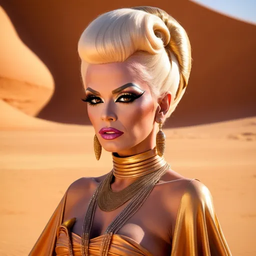 Prompt: The most beautiful drag queen on Tatooine wearing the traditional Tatooine dress.