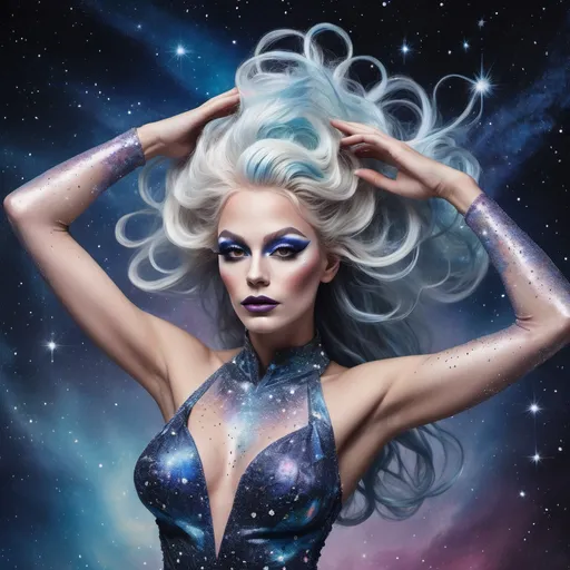 Prompt: a stunning depiction of a gorgeous 25-year-old Swedish drag queen dancer whose flowing movements create beautiful, swirling galaxies. The dancer's form and dress are painted with stars and cosmic dust, illustrating the harmony between human expression and the universe. Light background