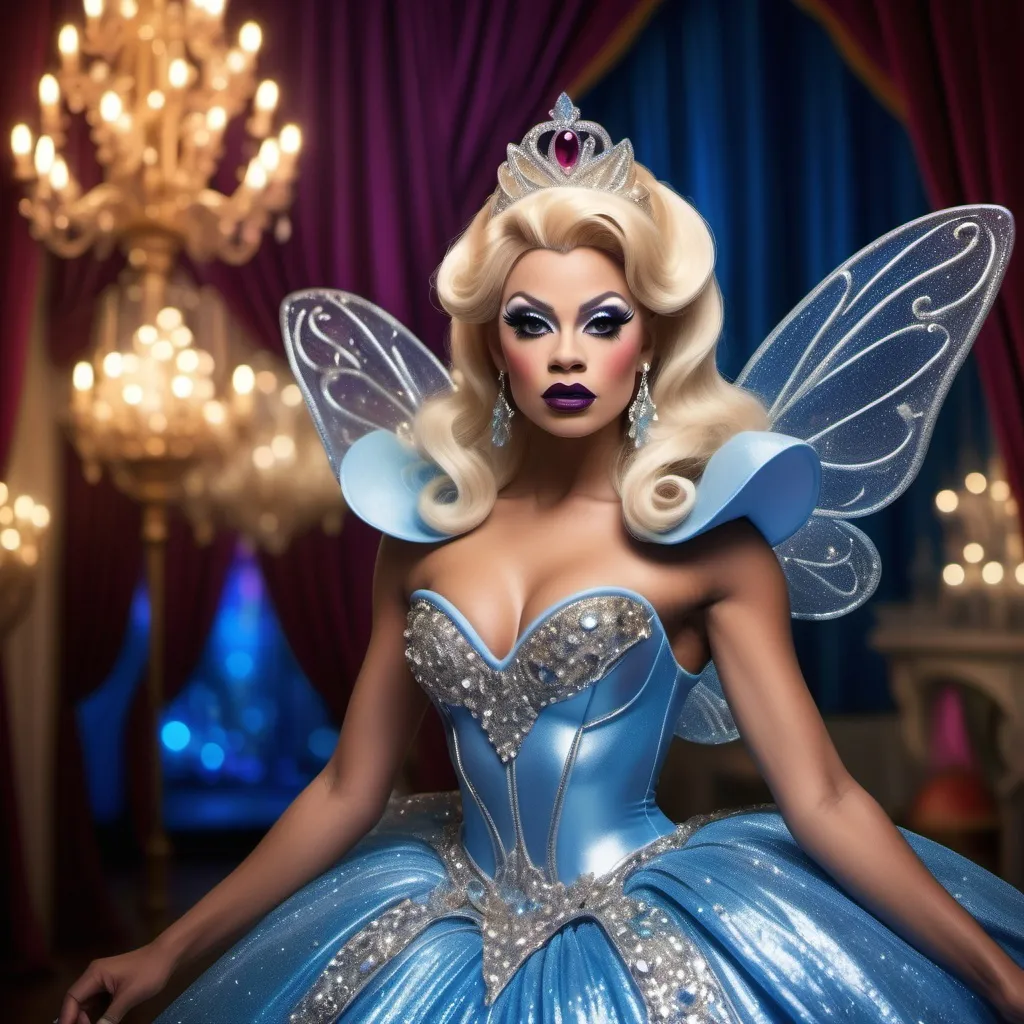 Prompt: If Cinderella was a gorgeous muscular 25-year-old drag queen with Dark eye makeup and dark lipstick. Wearing 8 inch stiletto high heel shoes.