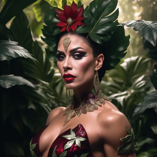 Prompt: Gorgeous ultra-muscular 25-year-old Spanish drag queen bodybuilder (floral warrior elegance:1.2), (best quality:1.1), leafy environment, cinematic capture, 4k UHD resolution, (Amazonian Leaf Royalty:1.3), standing tall amidst foliage, leaf-patterned attire with intricate floral embellishments, (delicate leaf and floral accents:1.2), nature-inspired accessories, dark red lips, dark red eye shadow, ambient sunlight filtering through leaves, (soft natural glow:1.15), atmospheric jungle setting, sophisticated leafy warrior elegance with a sensual touch