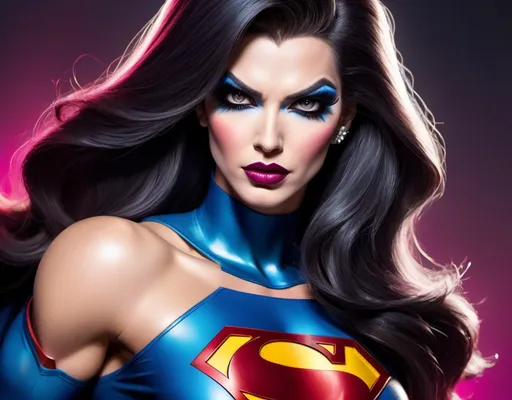 Prompt: If Superman was a gorgeous hyper-muscular 25-year-old drag queen bodybuilder with Dark eye makeup and dark lipstick. Wearing 8 inch stiletto high heel shoes.