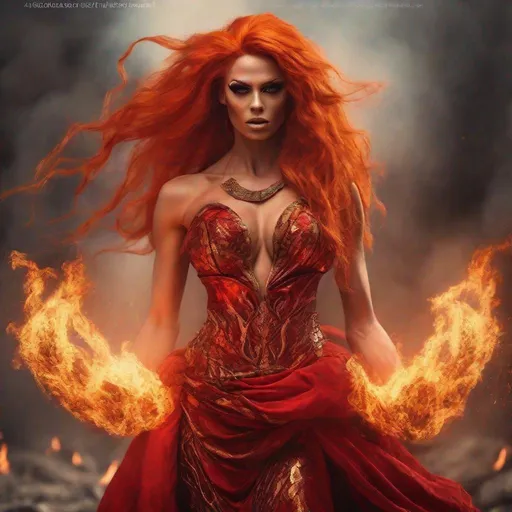 Prompt: Gorgeous ultra-muscular 25 year old Czechian drag queen with long flaming fiery hair, huge busom, {{ultra definition, concept art, cinematic, epic 4K masterpiece} a goddess of fire, fiery hair, fieryb eyes, surrounded by fire, tall and evil,
{clothes] red fiery dress,
mythology, full body,
highly detailed, digital photography, artstation, concept art, smooth, sharp focus, illustration, 4k,