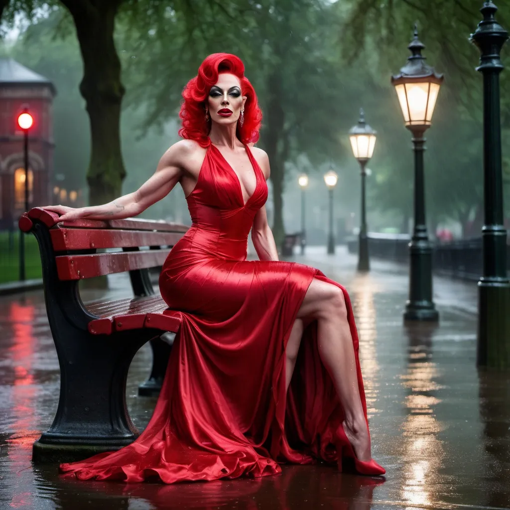 Prompt: A mesmerizing digital photograph of a gorgeous, tall, muscular 35-year-old British drag queen in a flowing red silk dress, seated on a wet bench beneath a dim, old street lamp in a rain-soaked park. With an air of mystique, she gracefully dances, its rich tones resonating through the damp air. The atmosphere is both enchanting and melancholic, with the rain-drenched landscape enhancing the emotional intensity of the scene.