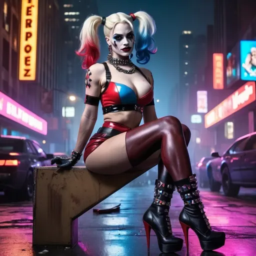 Prompt: Gorgeous muscular cyberpunk drag queen Harley Quinn, great legs, crystal high heels,  dark lipstick.