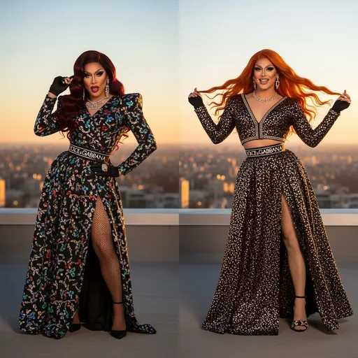Prompt: Visualize two 35-year-old Latina drag queens in a glamorous setting, both adorned in seperate stunning Dolce&Gabbana outfits that blend elegance with modern flair. The scene is set on a vibrant city rooftop at sunset, casting a warm, golden hue across the skyline. The first drag queen, with her hair cascading in soft dark red waves waves, strikes a confident pose, her expression playful yet fierce, while the second drag queen, with a radiant smile, twirls her burnt orange hair, her outfit shimmering in the fading light. The city below is alive with twinkling lights, and a soft breeze stirs, adding a sense of movement. Opt for a photorealistic style that captures the intricate details of the fabrics and the rich colors of the backdrop, enhancing the overall energy and glamour of the moment.