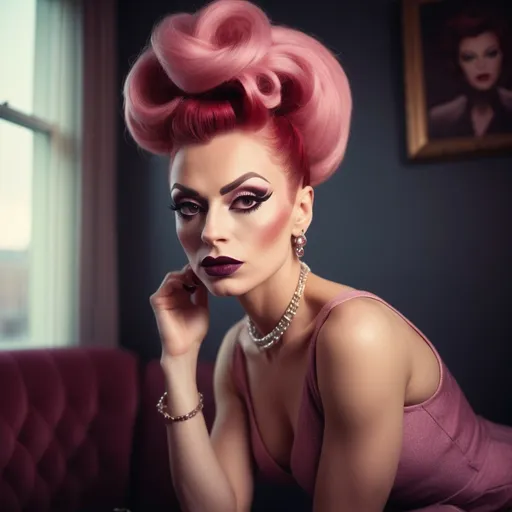 Prompt: photorealistic, (Holga photography), gorgeous ultra-muscular 25-year-old Russian drag queen businesswoman with long pink updo hair, drak eyeshadow and dark red lipstick,  (flirty expression), (playful pose), full body, low-fidelity dreamy aesthetic, soft light flare, analog photography style, vintage charm, grainy texture, warm tones, stylish attire, evoking authority and elegance, reminiscent of classic business imagery, capturing a moment of confidence, (low quality), ideal for a striking portfolio or profile shot, perfect blend of retro and modern vibes.