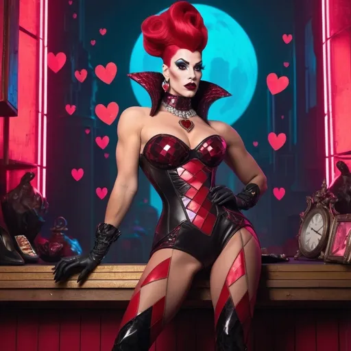 Prompt: Gorgeous muscular cyberpunk drag queen (Disney's) Queen of Hearts, great legs, crystal high heels,  dark lipstick.