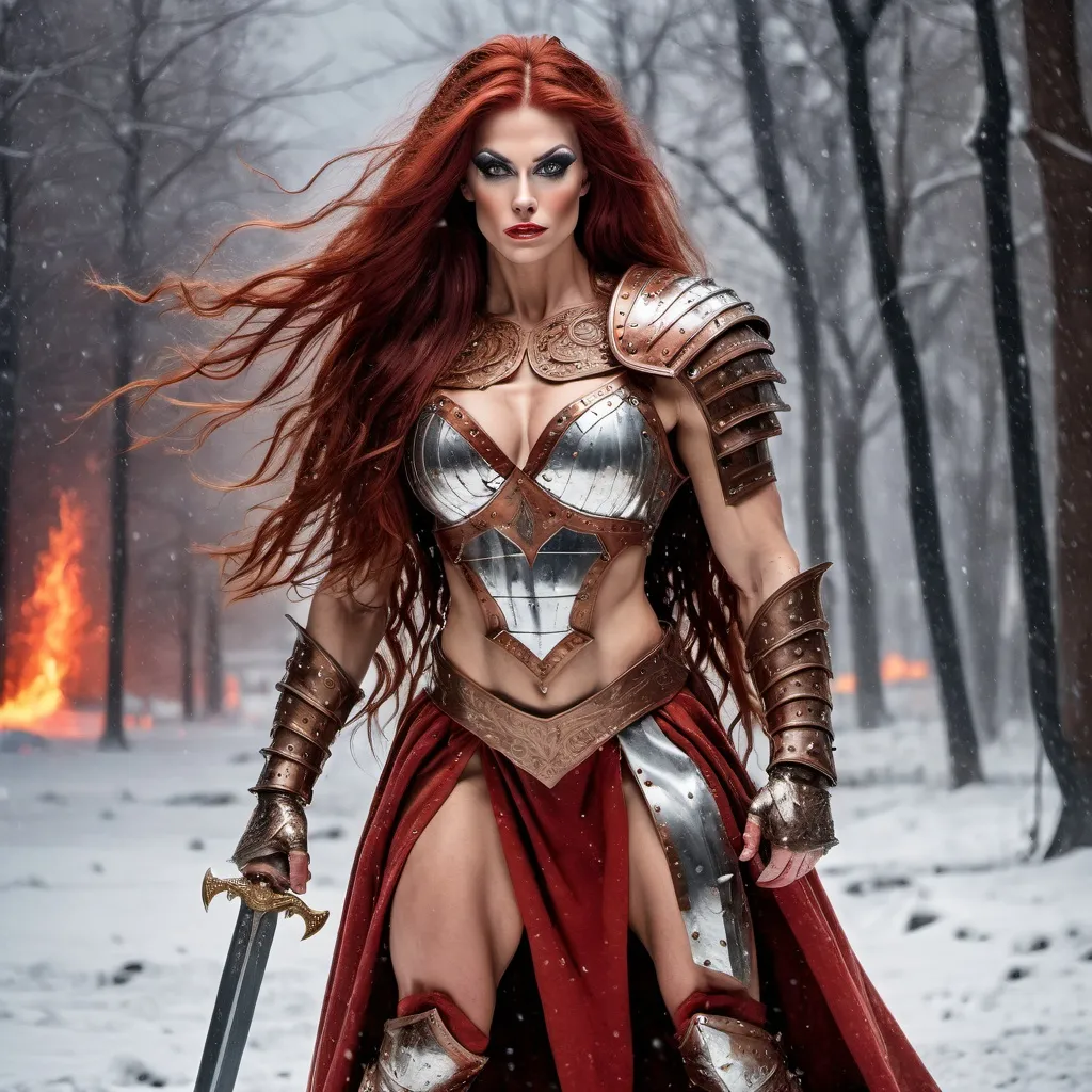 Prompt: Gorgeous muscular 25-year-old Slavic drag queen bodybuilder with ridiculously long wavy dark red hair, dressed as a warrior princess in complete bronze steel armor and a gleeming silver longsword in the midst of a bloody and fiery battle during the height of a winter storm.