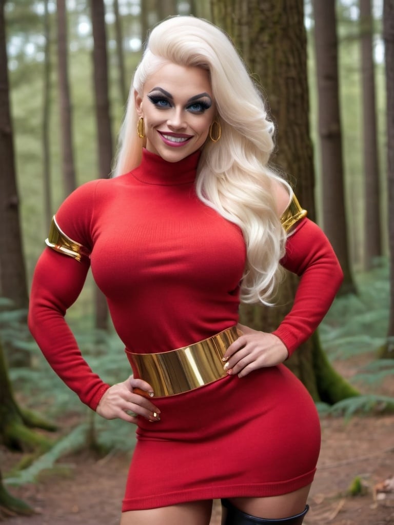 Prompt: Close shot, smiling gorgeous ultra-muscular 25-year-old Swedish drag queen bodybuilder with huge busom and stylish platinum blonde hair, blue eyes, red and gold long sweater dress, 8 inch platform thigh high patent leather black boots, standing in a forest. Composition focus on legs. 