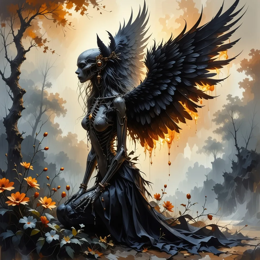 Prompt: Eclipsed drag queen Phoenix" – Gothic calligraphy, holographic metallic ink on aged parchment, hyper-realistic 3D rendering, high dynamic range. A dark fantasy steampunk specter, untamed spirit, spectral graffiti art, deep-shadow forest with dystopian overgrowth, misted mural-like textures, fluid ink wash with iridescent overlays, textured brushstrokes. A skeletal wraith, enshrouded in twilight, kneeling in despair—hunched, sorrowful. Decayed, necrotic wings unfurl in eerie symmetry, smoldering with embers of rebirth. Silken, knee-length obsidian hair streaked with ember glow, caught in spectral winds. Wears a semi-transparent, charred bodysuit interwoven with ethereal veils of layered, ember-flickered fabric. Wilted, translucent wildflowers scatter behind her, floating like forgotten memories. Intense contrast, melancholic solitude, shadow-drenched rainfall. Retro-futuristic steampunk noir poster design by "Vasagralem"