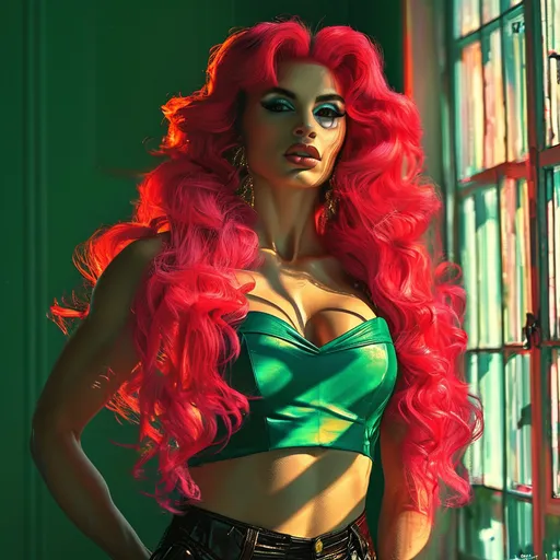 Prompt: low-angle of digital painting of a gorgeous ultra-ultra-muscular 25-year-old italian drag queen bodybuilder, with a buxom busom and very long wavy bright red hair in a dark room, black wall , sunlight streaming through a window, neon green shirt, leather pants, ,achromatic colors, 4k, high resolution, art photography, modeling pose, intense lighting, dramatic shadows, professional, detailed, atmospheric lighting