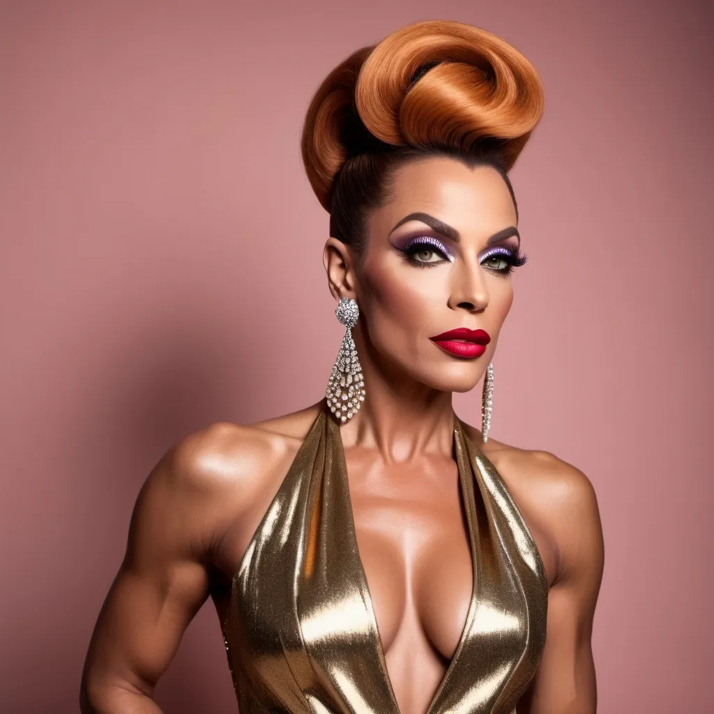 Prompt: Haute couture 35-year-old French drag queen bodybuilder model in a retro 1970s outfit, retro hair style, elegant and sophisticated full body pose, luxurious fabric with rich textures, high-end fashion photography