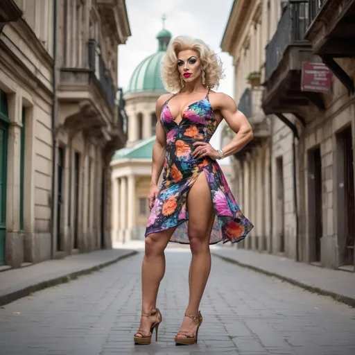 Prompt: A gorgeous muscular 25-year-old Bulgarian drag queen bodybuilder with fair skin, huge busom, and short curly dark blonde hair, wearing a vibrant floral summer dress and 8 inch high heel sandals, exploring the streets of a historic city, with old buildings in the background.