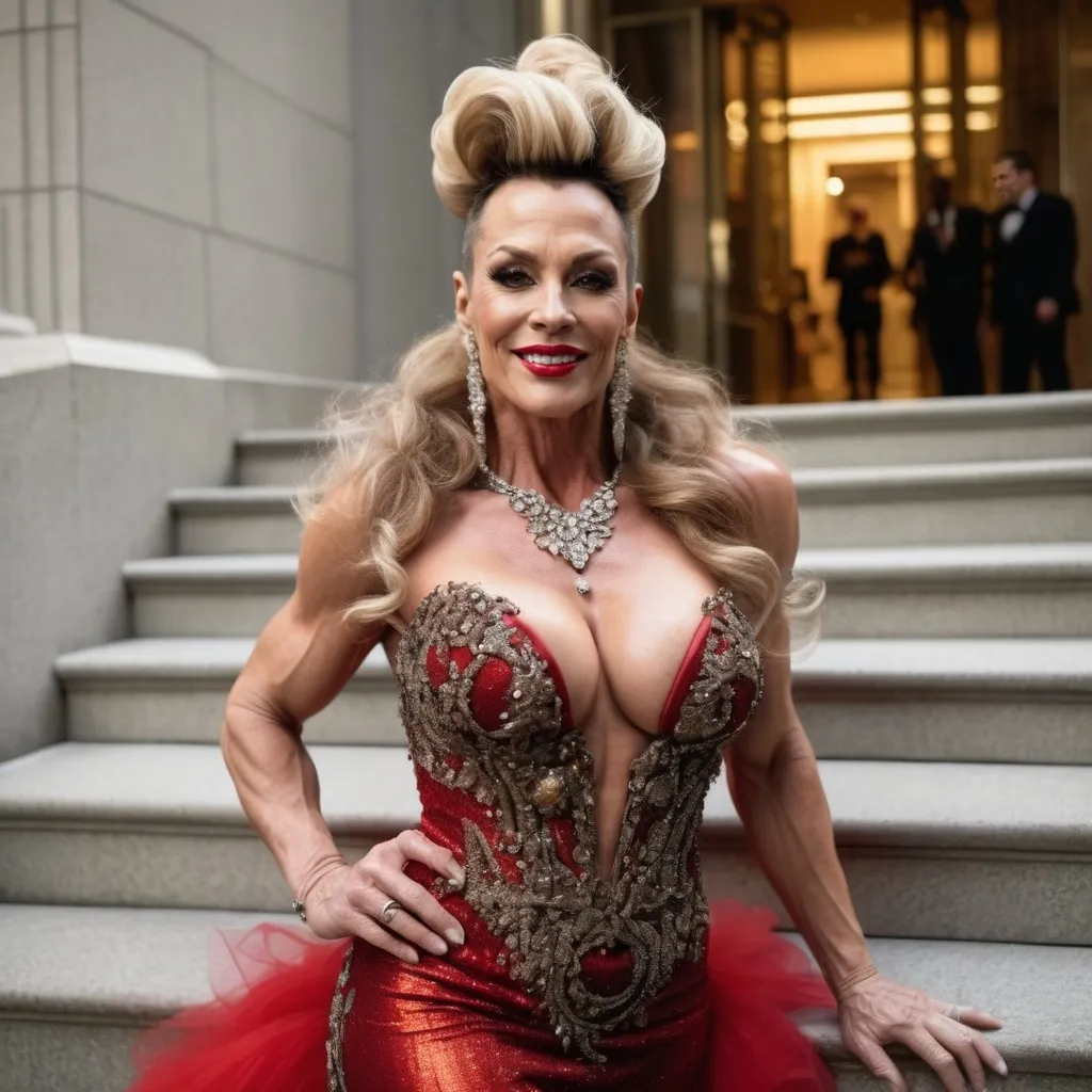 Prompt: Glamour photography of Gorgeous ultra-muscular 45-year-old (Caucasian) Czechian drag queen bodybuilder with a huge busom, and ridiculously long wavy salt & pepper tight updo hair on the Met Gala steps in New York wearing designer bronze and red gown with long train, intricate details, glitter and jewels, posed 3/4 turn standing, smile, in the style of Guy Aroch