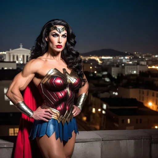 Prompt: Gorgeous umuscular 30-year-old Greek drag queen bodybuilder (very strong masculine jawline and brow features) with big busom and long wavy stylish black hair, dressed as Wonder Woman (DC Comics Character), standing on the ledge of a building at night, looking away into the city.