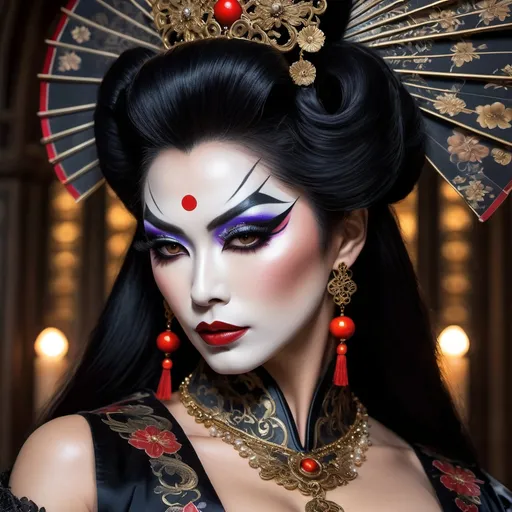 Prompt:  a close up portrait of a gorgeous muscular evil drag queen geisha (with strong masculine facial features) in a dark gothic cathedral, large busom, Rococo, Hyperdetailed, Delicate; Royo, Bagshaw, Chevrier, Lou Xaz, Ferri, Kaluta, Minguez, Mucha, Simon Dewey, WLOP, Greg Olsen, Artgerm. Cinematic, 8K, Detailed cityscape in steampunk style on the background :: hyperdetailed, maximalist intricately detailed, 8k resolution concept art, detailed matte painting, hyperdetailed, Splash art, trending on Artstation, Unreal Engine, Octane Render