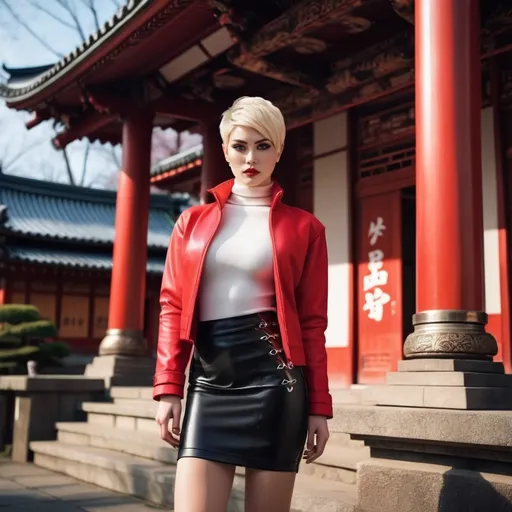 Prompt: (Emphasizing the scene) photorealistic painting, a gorgeous muscular drag queen (very strong masculine jawline and brow features(pixie-cut blonde hair, blue eyes)) in a (vivid red jacket, matching red miniskirt, white turtleneck pullover shirt) and (stylish stiletto boots, black, lace-up), visiting a traditional Japanese Buddhist temple, embodying the essence of neo-romanticism, early spring ambience, tranquil atmosphere, golden hour, warm light contrast, ultra-detailed, capturing the elegance and serenity of the moment.