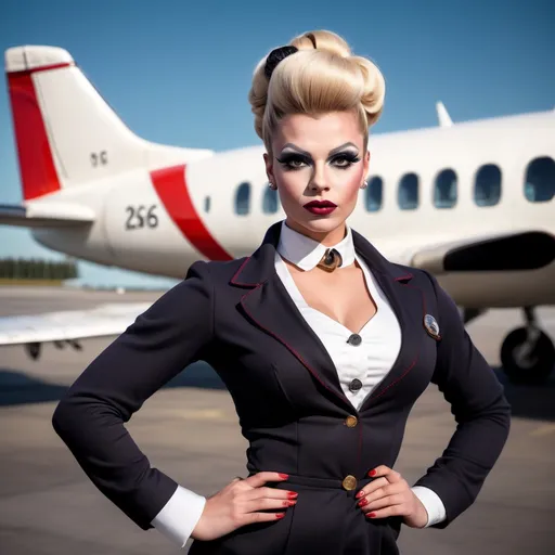 Prompt: Gorgeous ultra-muscular 25-year-old Finnish hour glass figured drag queen with ridiculously long wavy black updo bun hairstyle, dark eye makeup,  dark lipstick, dressed as a 1960s stewardess,  passenger plane in background. Full length photography.