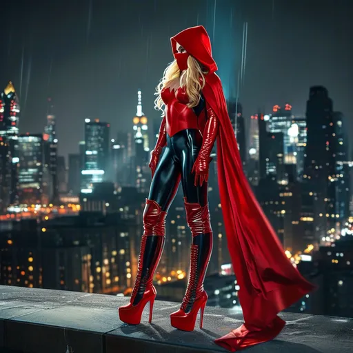 Prompt: Gorgeous ultra-muscular 25-year-old Finnish drag queen bodybuilder dressed as Red Hood ((((DC comic book character)))) with long muscular legs and very well endowed wearing red and black corset, red leather pants and red 8 inch stiletto high heel boots standing on a ledge of a building at night looking out over Gotham Citu.