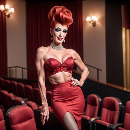 Prompt: Dean Martin dressed up as a Gorgeous ultra-muscular Czechian drag queen with long crimson & auburn updo, sheer nylon stockings, slim thick crop top, tight knee-high skirt, 8 inch stiletto high heel shoes, braline, gravure, uhd, realistic, 4k, 8k, full body, focus on legs, photoshoot, at the theater, composition focus on legs, defined muscles and full-body.