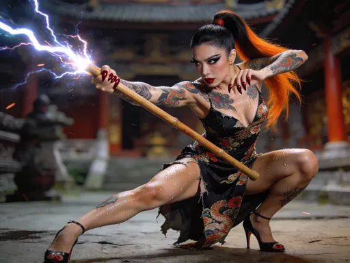 Prompt: full-body pose, striking slender 35-year-old Japanese drag queen with dark eyeshadow, heavy mascara, dark red lipstick, dark red manicured fingernails, andlong dark orangish-black hair in a ponytail, performing a Ninja move, adorned in elaborate Japanese tattoos, wearing a torn evening gown with high heels, dynamic pose wielding a wooden staff, magical lightning emanating from the staff, intense focus in expression, her body covered in sweat from using her magical powers, exhausted expression, artistically blurred background of an ancient temple setting, vibrant colors emphasizing movement and athleticism, photorealistic image, ultra-detailed, high-quality masterpiece..