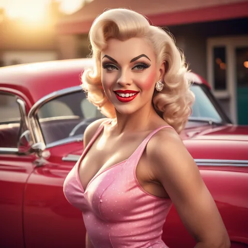 Prompt: photorealistic, (hyperrealistic) portrait of a 50s pinup drag queen bodybuilder model, posing alluringly by a classic vintage 50s car, vibrant colors, warm sunlight illuminating her radiant skin, nostalgic ambiance, vintage pin-up poster style, high-quality, detailed textures, retro fashion style, captivating smile, glossy finish, soft focus on the background to highlight the model and car, creating a timeless nostalgic feel.