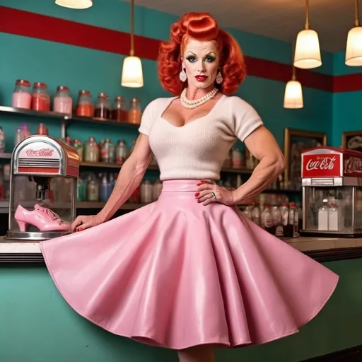 Prompt: Gorgeous muscular 1950's drag queen bodybuilder with red hair and big busom, poodle skirt, angora sweater, stiletto high heel saddle shoes, detailed clothing, realistic, natural lighting, 1950's soda shop