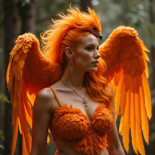Prompt:  a flaming phoenix is perched on a 35-year-old drag queen goddess' shoulder. She has clothes made of feathers and looks like a phoenix as a 25-year-old drag queen goddess. Full length. Muscular.