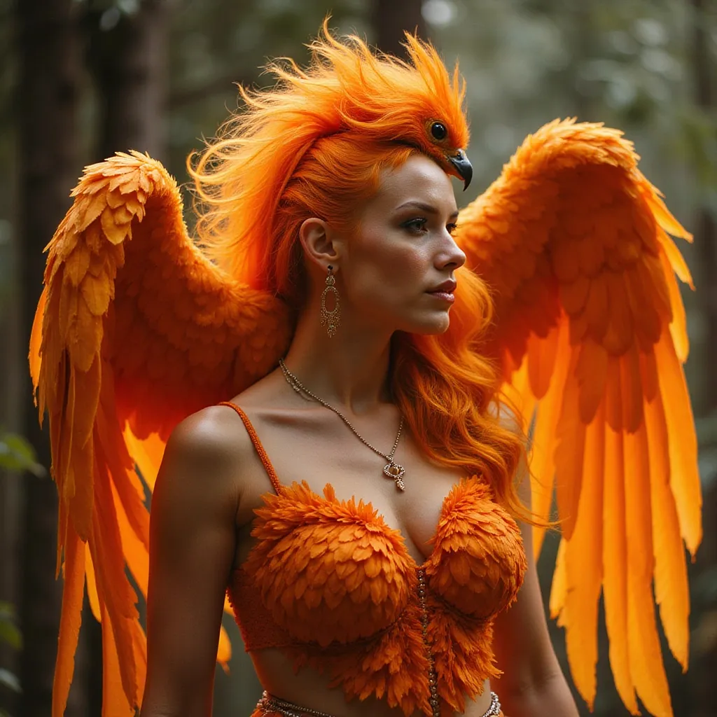 Prompt:  a flaming phoenix is perched on a 35-year-old drag queen goddess' shoulder. She has clothes made of feathers and looks like a phoenix as a 25-year-old drag queen goddess. Full length. Muscular.