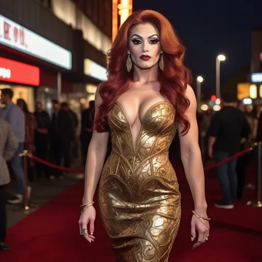 Prompt: 64k Hi-res digital detailed full-body photograph of A gorgeous muscular 25-year-old Romanian drag queen bodybuiler with extremely long wavy dark red hair wearing a very detailed golden Valentino Dress and 8 inch stiletto high heel shoes at a movie premiere at night.