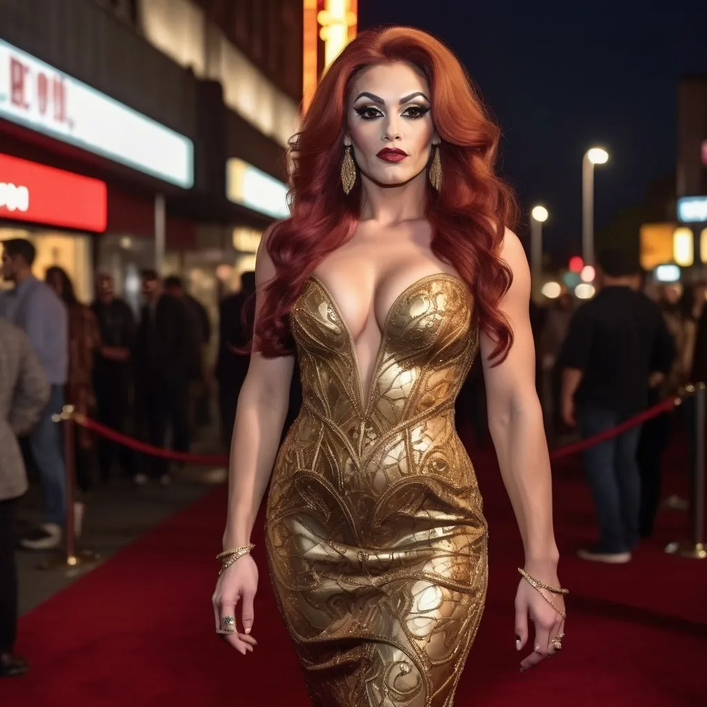 Prompt: 64k Hi-res digital detailed full-body photograph of A gorgeous muscular 25-year-old Romanian drag queen bodybuiler with extremely long wavy dark red hair wearing a very detailed golden Valentino Dress and 8 inch stiletto high heel shoes at a movie premiere at night.