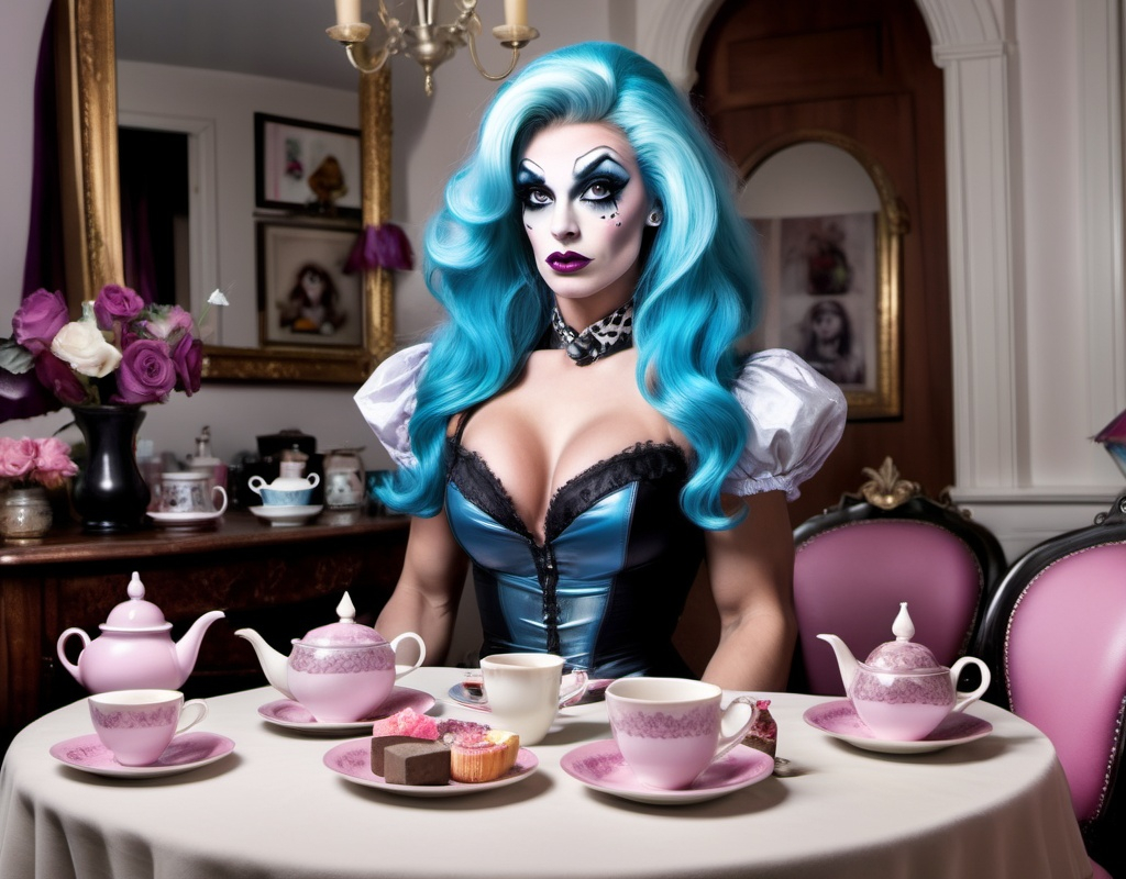 Prompt: If Alice (Alice in Wonderland) was a gorgeous hyper-muscular 25-year-old drag queen bodybuilder with Dark eye makeup and dark lipstick. Wearing 8 inch stiletto high heel shoes. Having a tea party.