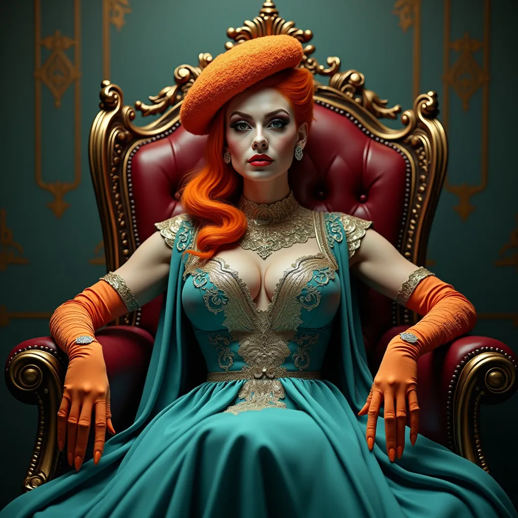 Prompt: Portrait of a gorgeous 25-year-old Swedish drag queen bodybuilder, sitting regally on an ornate throne, (elegant embroidery on a flowing teal dress), striking contrast with (orange hat and gloves), surrounded by intricate gothic decor, (dynamic lighting casts dramatic shadows), exhibiting intense eyes, possessing long claws. Atmosphere is (mysterious) and (elegant), offering an (overdetailed anime style) in stunning (4K HD resolution). A true masterpiece of (animation series art).