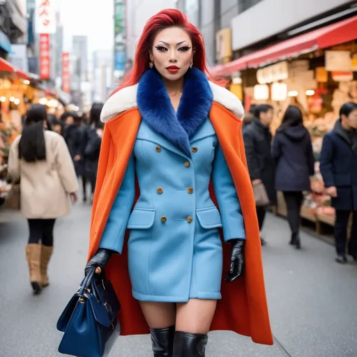 Prompt: Front view of an 25-year-old, muscular, gorgeous Japanese drag queen bodybuilder (very strong masculine jawline and brow features), elegant red wool coat with faux fur trim, light blue blouse, navy blue skirt, black leather stiletto high heel boots, vibrant yellow & orange silk scarf, navy shoulder bag, walking through a bustling Ginza Market in Tokyo, surrounded by colorful autumn leaves, bright sunlight casting warm tones, capturing the lively atmosphere of the marketplace, high detail & quality, 8K, professional photography.