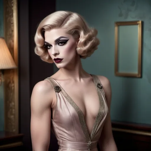Prompt: photorealistic, (old Hollywood 1920s style), (a Gorgeous muscular 21-year-old British drag queen (extremely strong masculine jawline and brow features)), elegant attire, dark eye makeup, dark lipstick, full length body, soft lighting capturing a nostalgic atmosphere, muted pastel colors, timeless beauty, luxurious and refined setting, classic film vibe, vintage glamour, intricately detailed background elements, opulent decor, art deco influences, airy ambiance, warm tones, HD, ultra-detailed, cinematic quality.