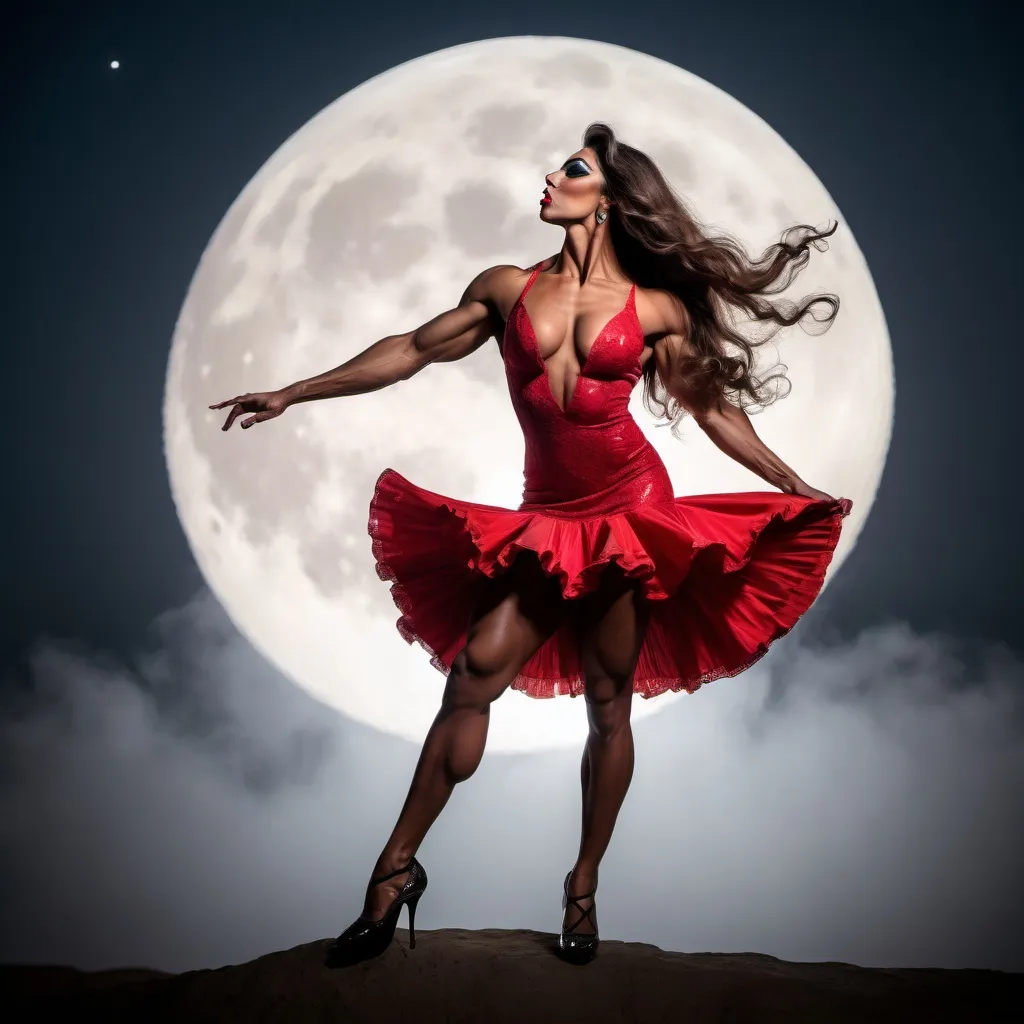 Prompt: Gorgeous muscular 25-year-old Portuguese drag queen bodybuilder (with long wavy hair, short flamenco dress and 8 inch stiletto high heel shoes) dancing flamenco in silhouette through a giant full moon.