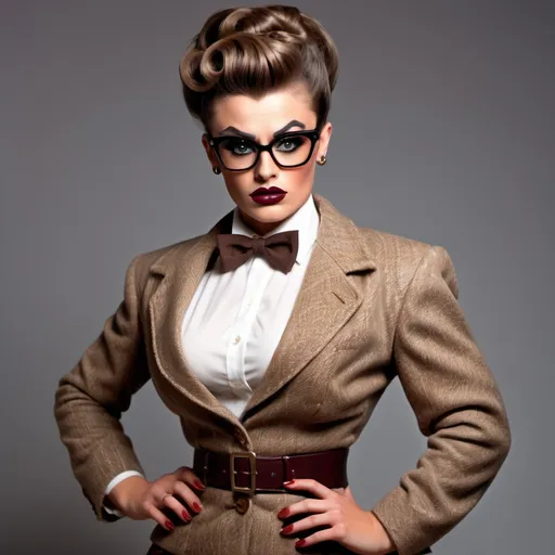 Prompt: Imagine James Dean dressed as a Gorgeous ultra-muscular 25-year-old Italian drag queen bodybuilder with huge busom and salt & pepper updo hair, heavy dark eye makeup,  dark red lipstick, wearing tortoise shell glasses, a tweed jacket, white shirt, brown bowtie, brown corduroy skirt, and 8 inch stiletto high heel shoes, standing at the front of a classroom by a chalkboard.