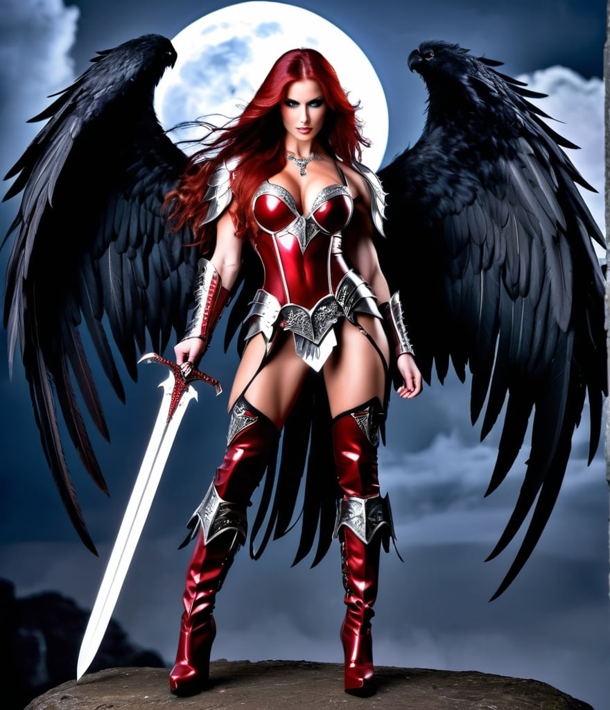 Prompt: Demonic Angel, gorgeous ultra-muscular 25-year-old Czechian bodybuiler with huge busom and ridiculously Long dark red Hair, long muscular legs, Demonic Eyes, Angel WIngs, Full Body, Armor, 8 inch stiletto high heel armour boots, Legendary Sword, Holy, Blood, Raven and Moon in Background