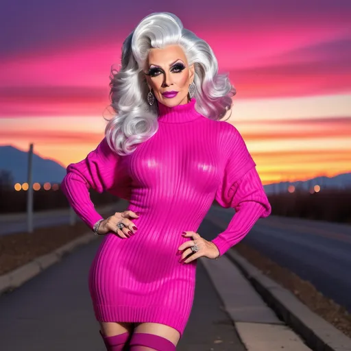 Prompt: Stunning, flamboyant, very muscular, 45-year-old silver-haired caucasian drag queen with large busom dressed in a magenta oversized sweater dress, thigh-high nylon stockings, and stilettos. Hyper-realistic quality. Sunset background. 