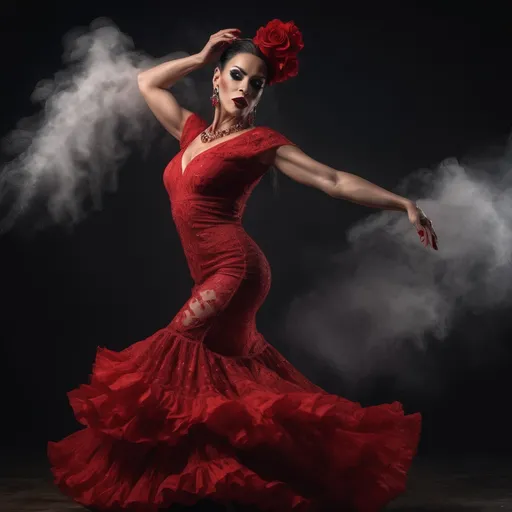 Prompt: a beautiful and sensual 35-year-old drag queen flamenco dancer in red dress dancing gracefully, dark minimalist background, gorgeous detailed face features, background space around her, 
Splash art, hyper detailed, ultra realistic, highly detailed, surreal heavy mist,
Perfect studio lighting, perfect shading, impeccable contrast, HDR, UHD, high res, 64k